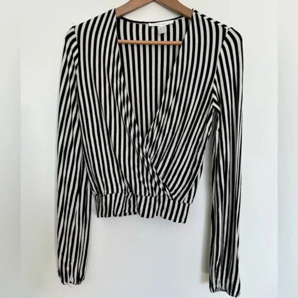 Revamped Black and White Striped Wrap V Neck Blouse size small - Picture 2 of 5